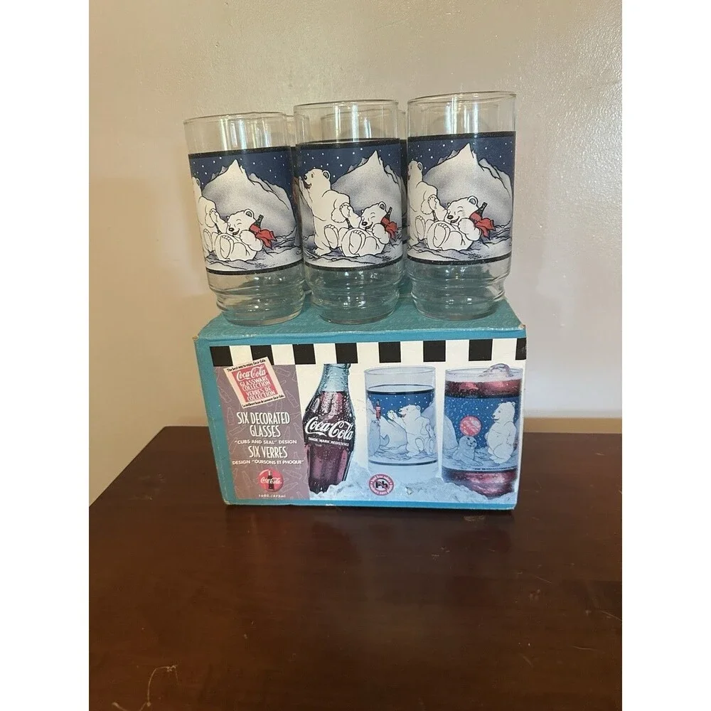 Vintage 1997 Coca Cola 16oz Polar Bear Drink Glasses set of 6
